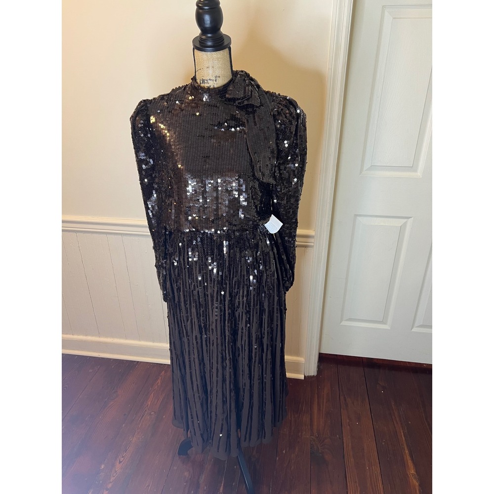 Mac Duggal 93642 Sequin Bow Shoulder Long Sleeve Midi cocktail Dress brown - Picture 7 of 16